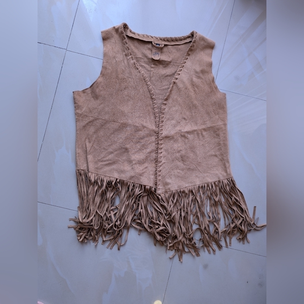 Vest Gipsy brown suede sleeveless, V-neck fringe top women’s XXL stretch light - Picture 2 of 16